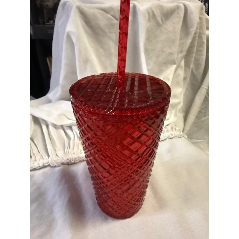 Starbucks Red Jeweled Grid Cold Cup Tumbler 16 fl‎ oz with Straw Limited Edition